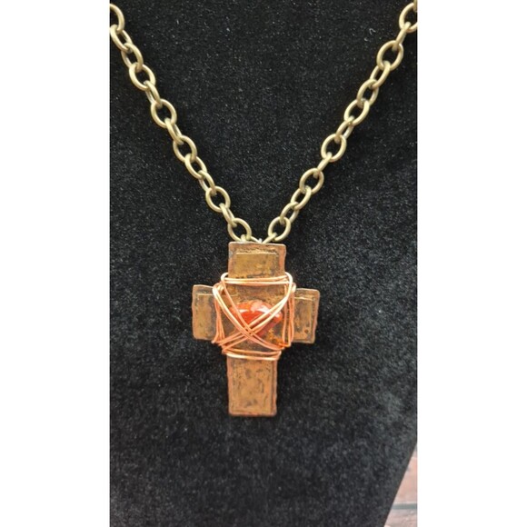 Handmade Copper Wire Wrapped Cross Necklace Red Gemstone Signed 26" Toggle Clasp - Picture 3 of 8
